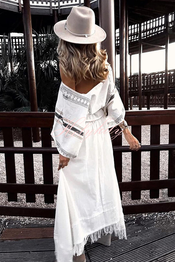 Beach Chic Linen Blend Ethnic Print Patchwork Tassel Elastic Waist A-line Skirt