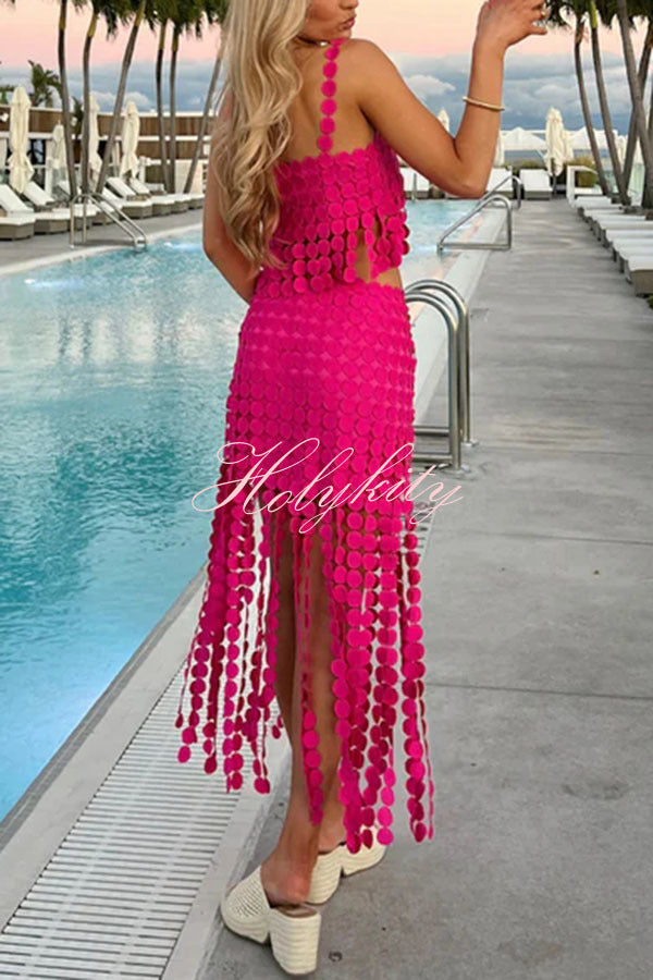 Caitlin See Through Circle Embroidery Elastic Waist Tassle Hem Maxi Skirt