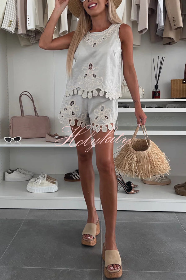 Angie Embroidery Cut-out Sleeveless Top and Elastic Waist Loose Shorts Set
