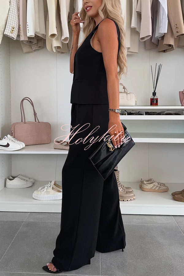 Workplace Chic Sleeveless Button Vest and Relaxed Pocket Wide Leg Pants Set