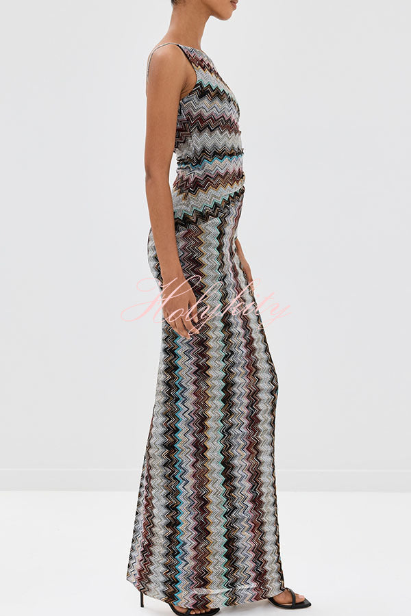 Cocktails and Vacation Knit Colorful Zigzag Pattern One Shoulder Slit Maxi Dress