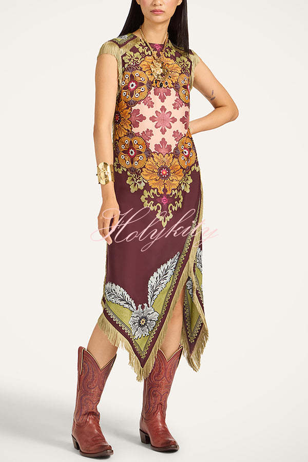 Bohemian Style Floral Print Tassel Trim Irregular Hem Slit Scarf Midi Dress