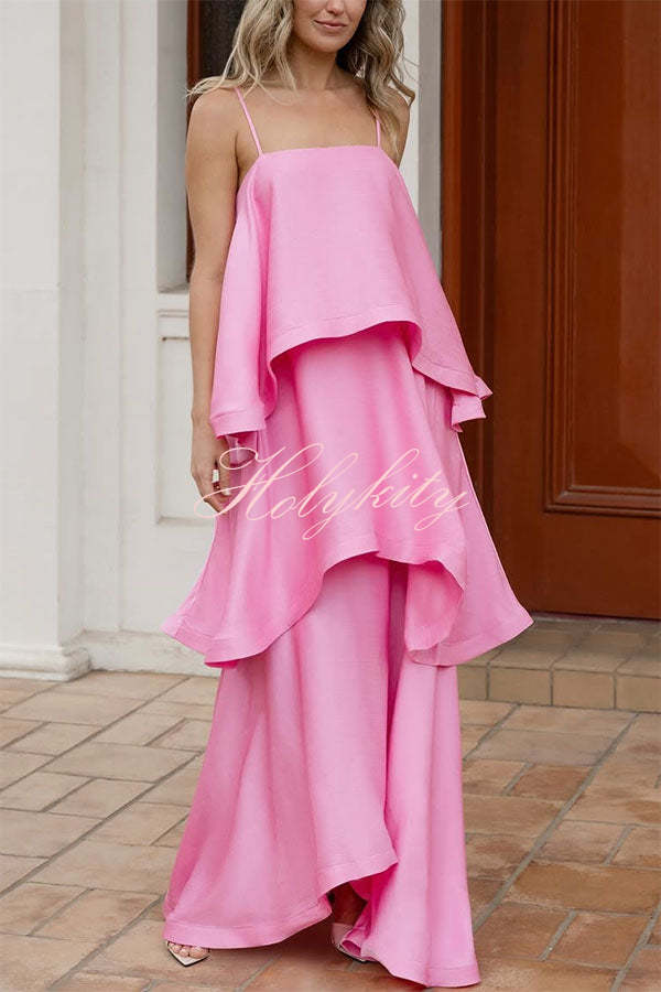 Soft and Smooth Satin Tiered Slip Square Neck A-line Maxi Dress