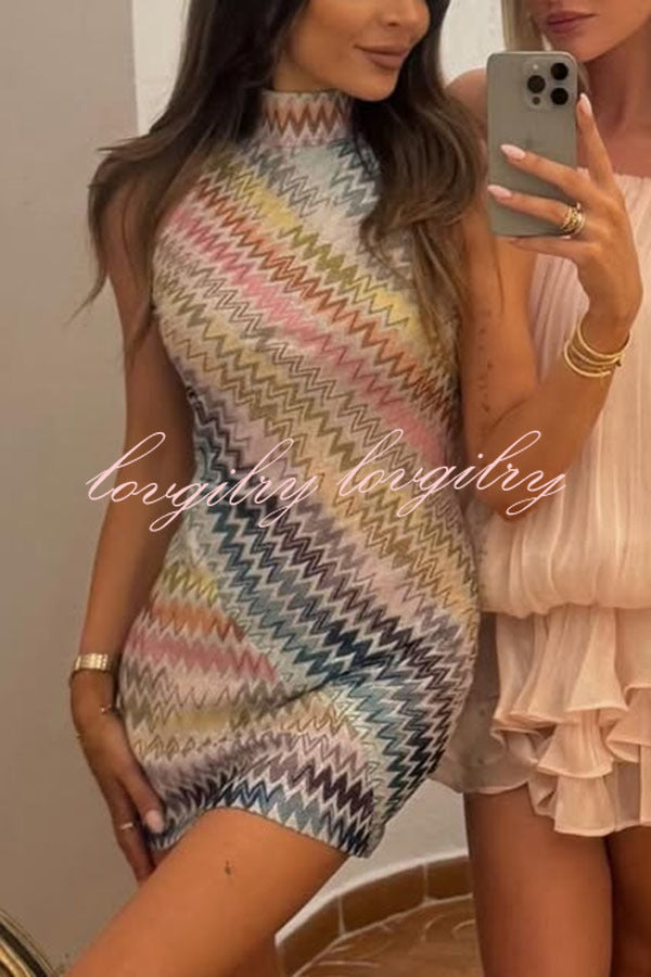 Whimsical Moment Knit Colorful Zigzag Pattern High Neck Sleeveless Mini Dress
