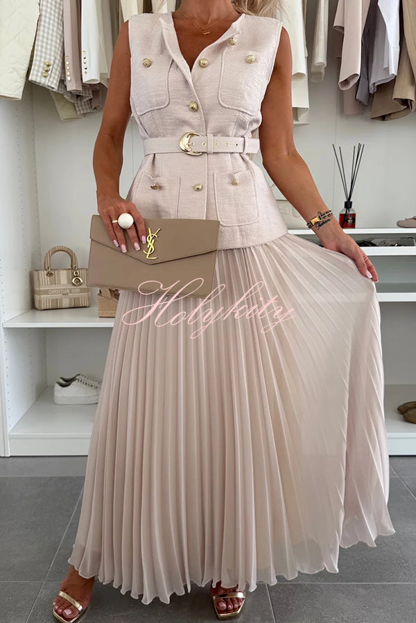 Relaxed and Elegant Round Neck Button Up Belted Pocket Loose Vest