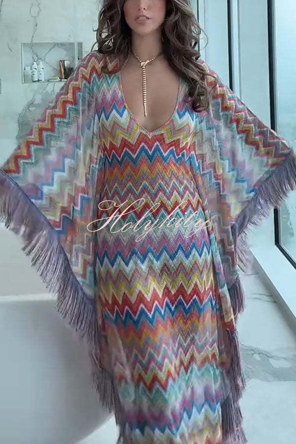 Casie Knit Colorful Zigzag Pattern Fringe Trim Cover-up Vacation Maxi Dress