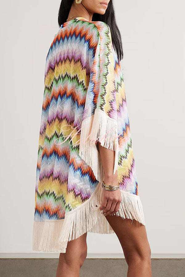 Jiya Knit Colorful Zigzag Pattern Tassle Trim Loose Kaftan Mini Dress