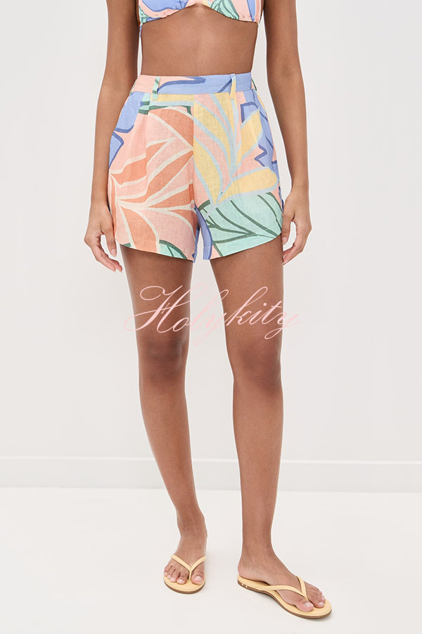 Bella Linen Blend Colorful Unique Print Long Sleeve Blouse and Elastic Waist Pocket Loose Shorts Set
