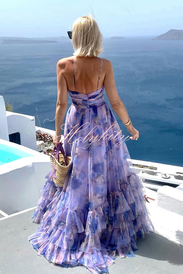 Dreamy Clouds Tulle Printed Rose Detail Cutout Ruffles Tiered Halter Maxi Dress