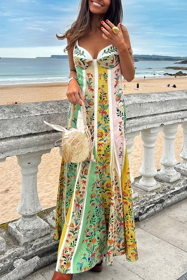 Sweet Garden Linen Blend Color Block Floral Paneled Maxi Dress