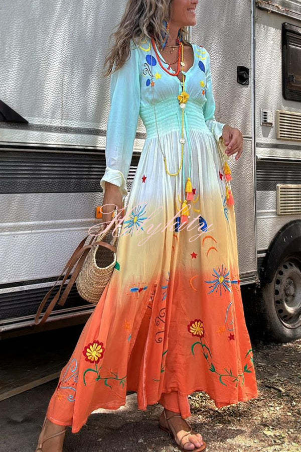 Gigi Unique Pattern Gradient Print Smocked Elastic Waist Fringed Maxi Dress