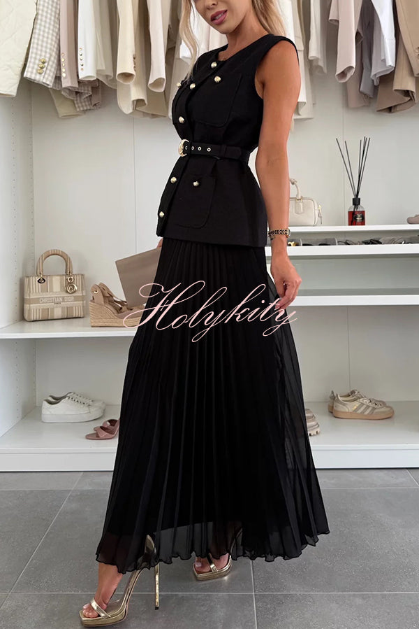 Relaxed and Elegant Round Neck Button Up Belted Pocket Loose Vest