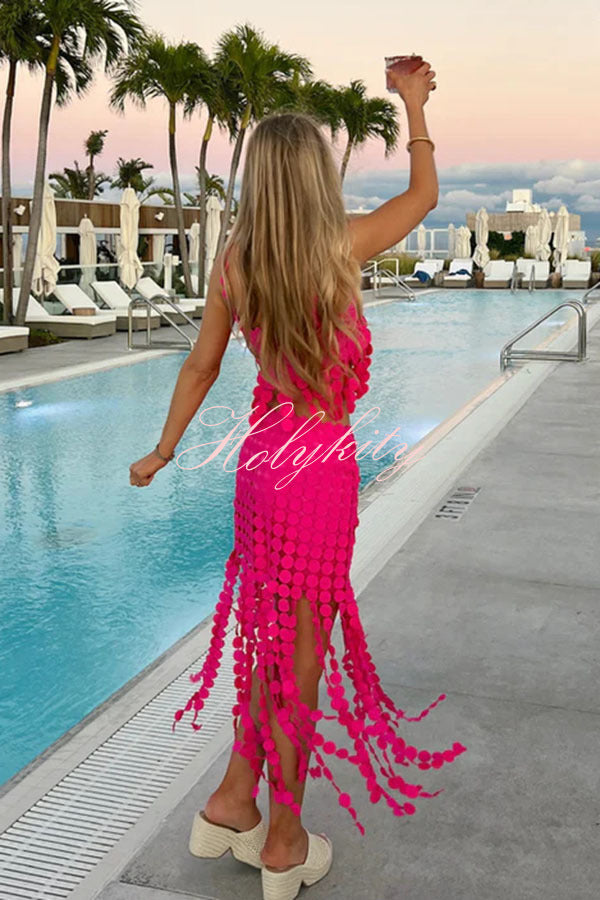 Caitlin See Through Circle Embroidery Elastic Waist Tassle Hem Maxi Skirt