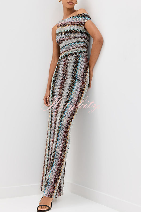 Cocktails and Vacation Knit Colorful Zigzag Pattern One Shoulder Slit Maxi Dress