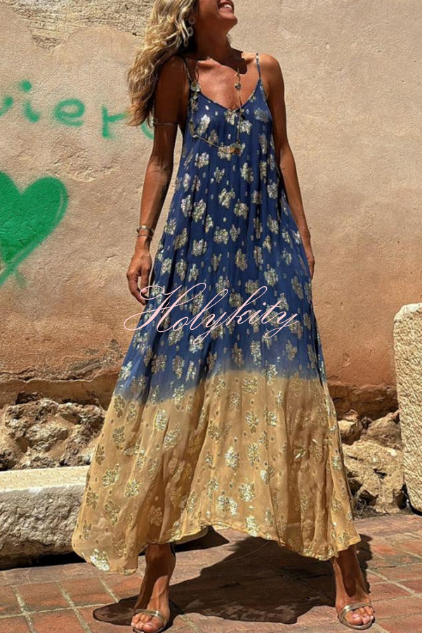 Bianca Tie Dye Gradient Flower Print Pocketed A-line Slip Maxi Dress