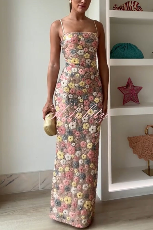 80's Inspired Floral Print Sequin Square Neck Slip Stretch Maxi Dress