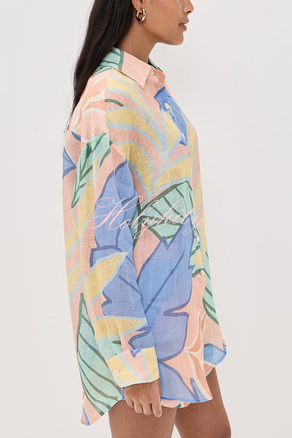 Bella Linen Blend Colorful Unique Print Long Sleeve Blouse and Elastic Waist Pocket Loose Shorts Set