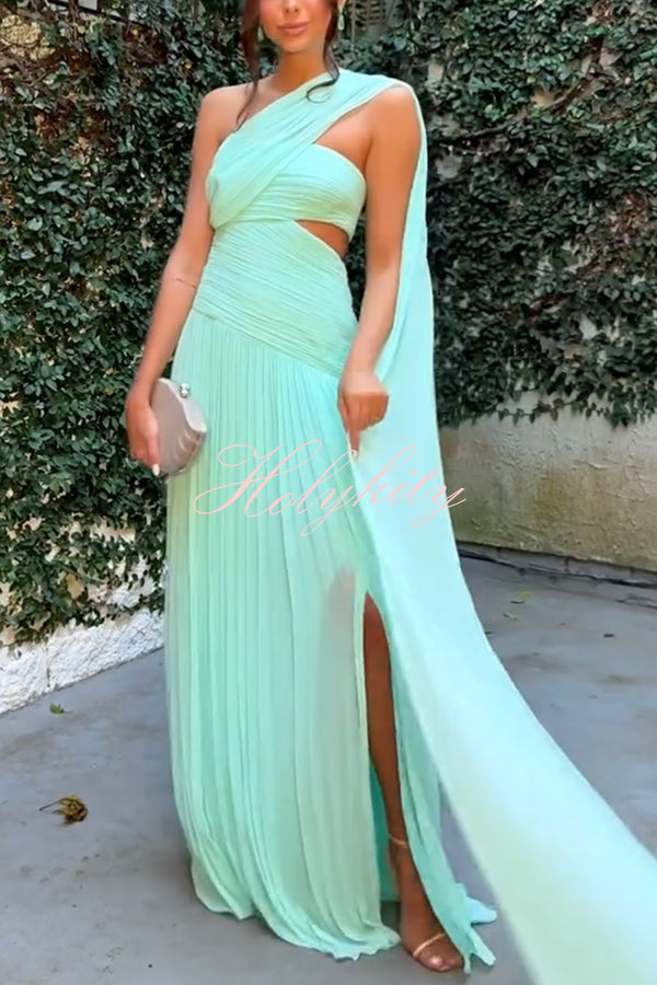 Forest Muse Chiffon Pleated Off Shoulder Cutout Waist Cape Maxi Dress