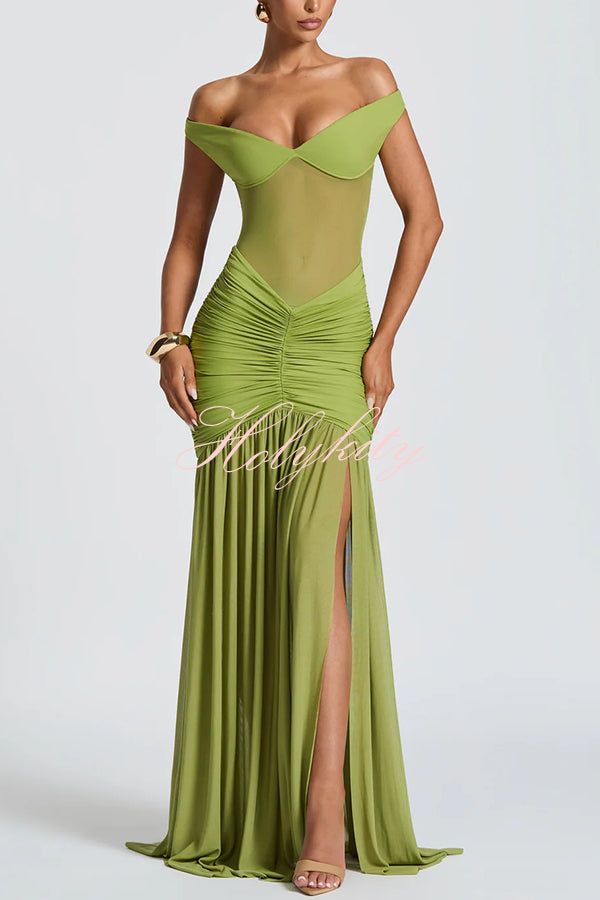 Raise The Level Mesh Off Shoulder Ruched Scarf Stretch Maxi Dress