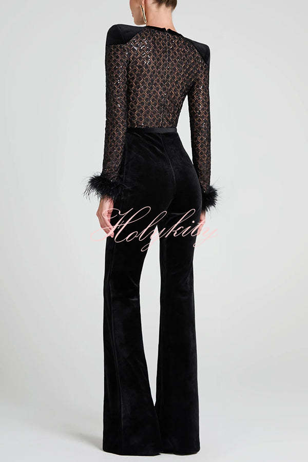 Monique Fish Scale Lace Sequin Velvet Patchwork Feather Trim Stretch Flare Jumpsuit Belted