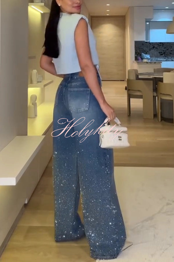 Fashion Star Rhinestone High Rise Casual Pocket Straight Loose Jeans