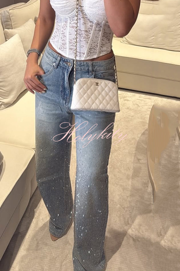 Fashion Star Rhinestone High Rise Casual Pocket Straight Loose Jeans