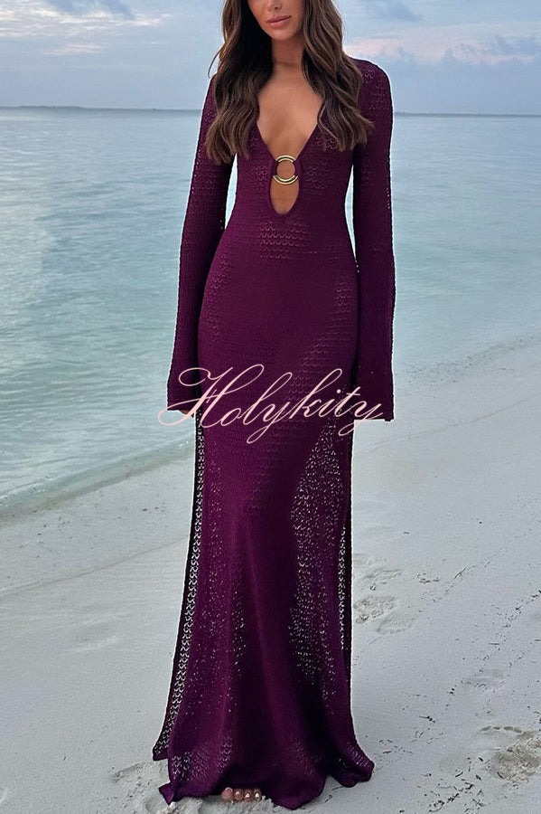 Seaside Goddess Crochet Knit Hollow Out Golden Ring Long Sleeve Cover-up Maxi Dress