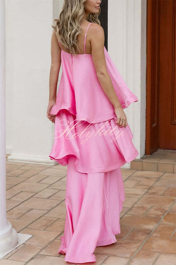 Soft and Smooth Satin Tiered Slip Square Neck A-line Maxi Dress