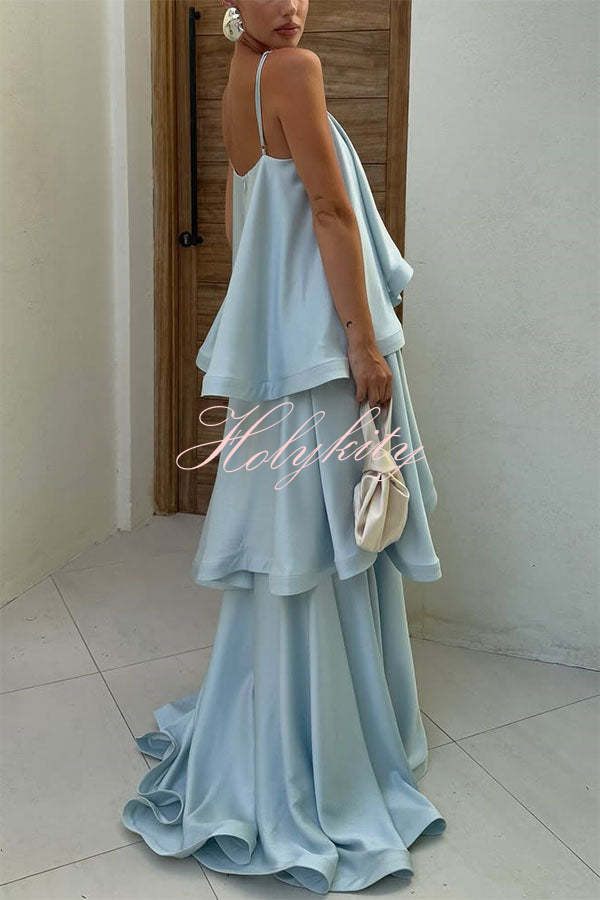 Soft and Smooth Satin Tiered Slip Square Neck A-line Maxi Dress