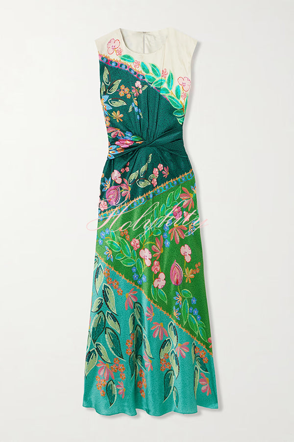 Gwen Satin Unique Print Round Neck Twisted Waist Maxi Dress