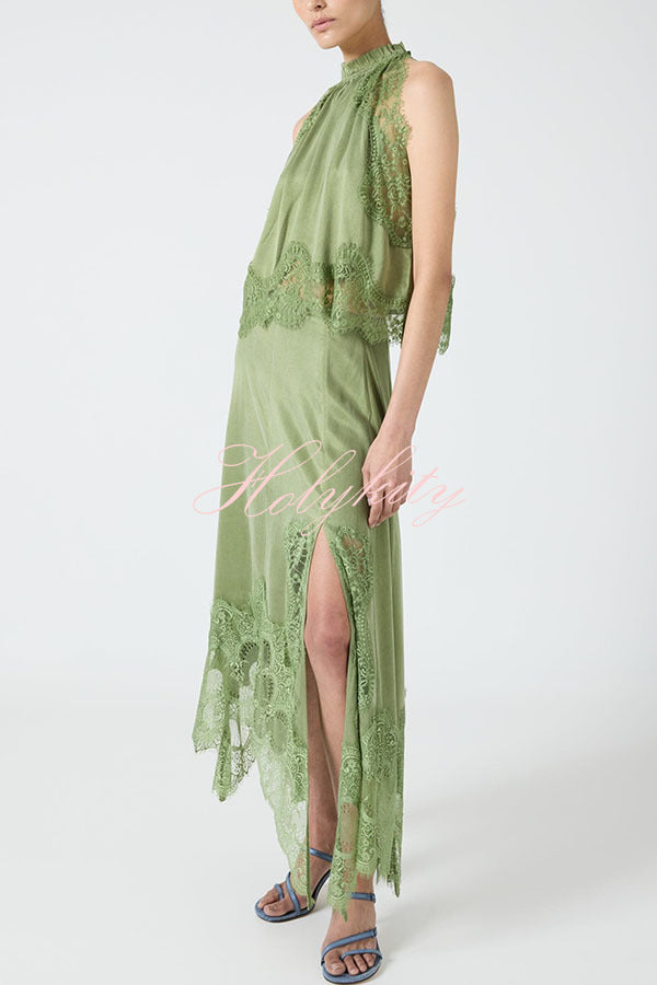 Modern Muse Satin Lace Trim Pleated Neck Top and A-line Irregular Slit Skirt Set