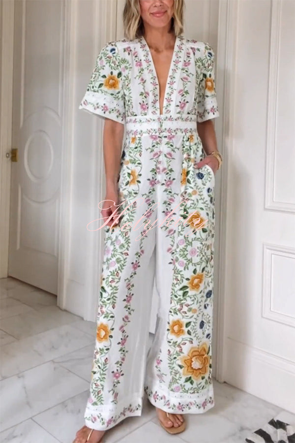 Natural Charm Linen Blend Floral  Print Short Sleeve Pocketed Wide Leg Jumpsuit