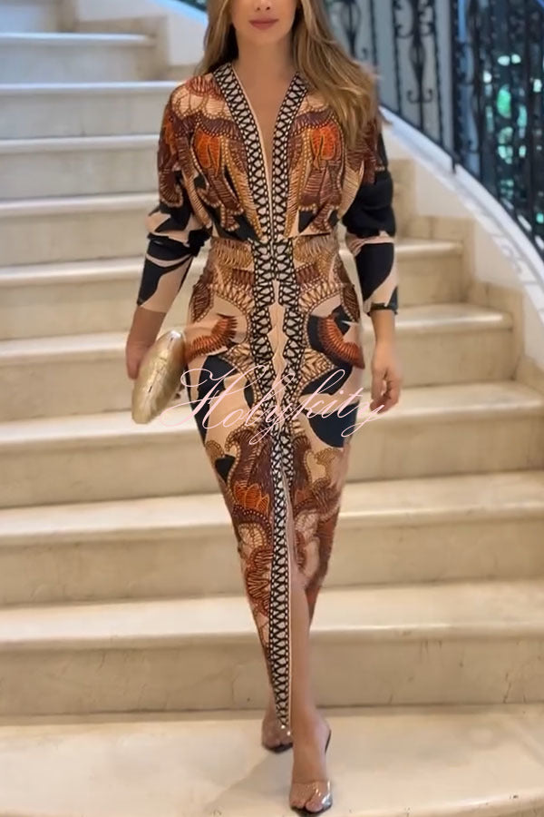 Verra Unique Print Dolman Long Sleeve Ruched Slit Midi Dress