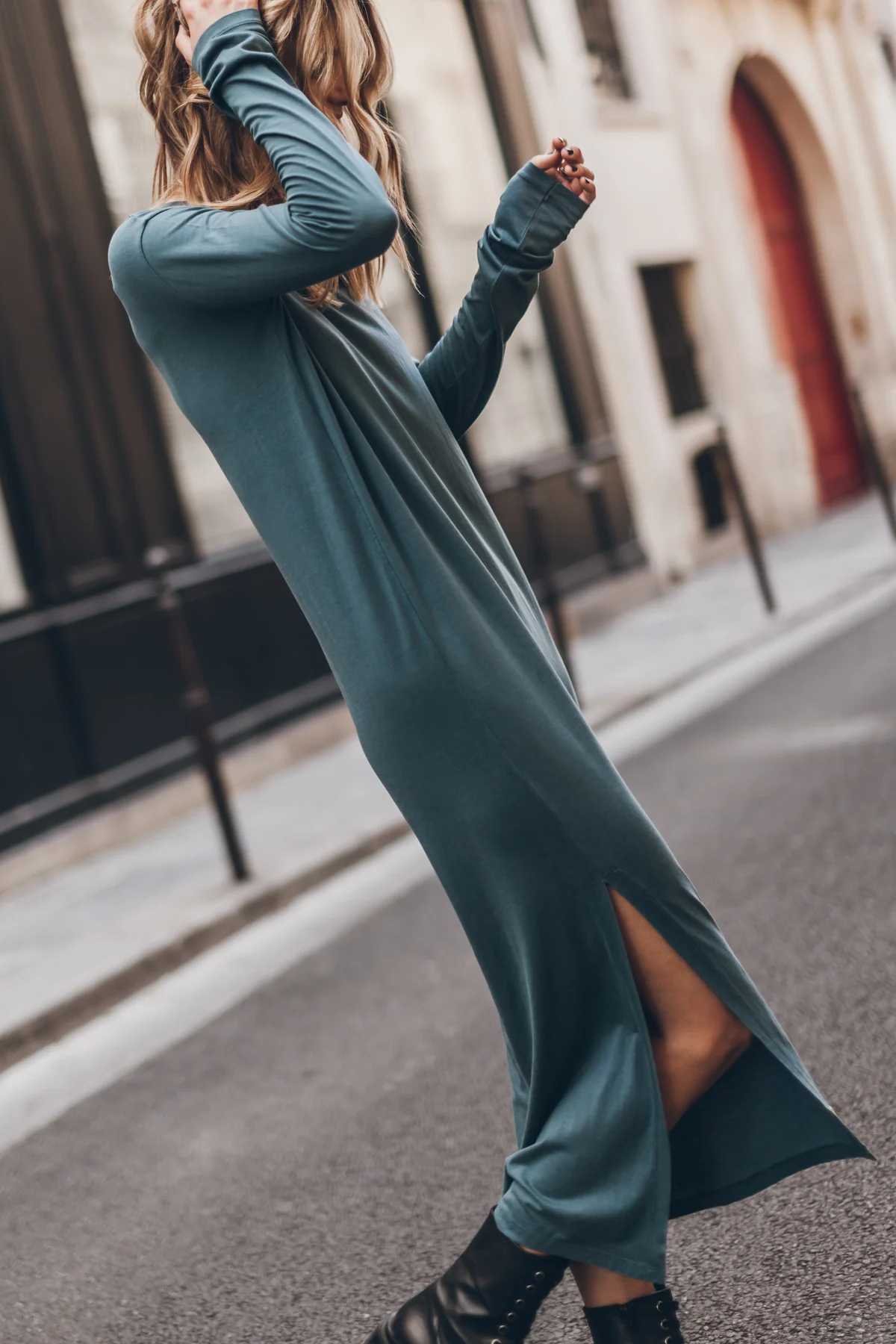The Bedisse Cotton Blend Long Sleeve Relaxed Slit Midi Dress