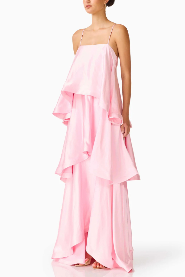 Soft and Smooth Satin Tiered Slip Square Neck A-line Maxi Dress