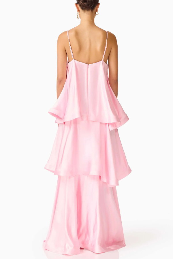 Soft and Smooth Satin Tiered Slip Square Neck A-line Maxi Dress