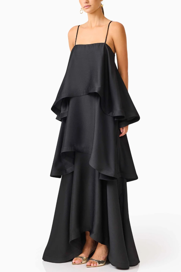 Soft and Smooth Satin Tiered Slip Square Neck A-line Maxi Dress
