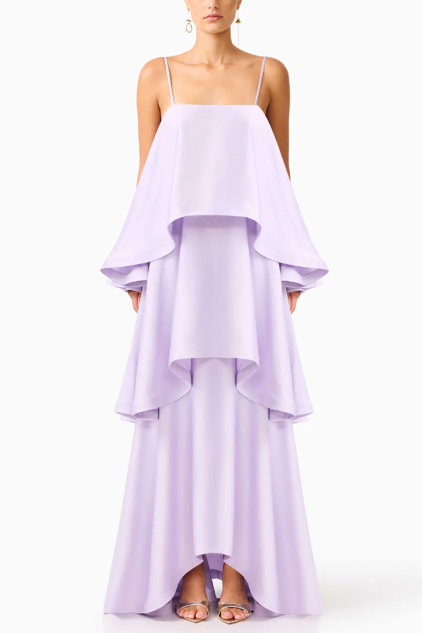 Soft and Smooth Satin Tiered Slip Square Neck A-line Maxi Dress