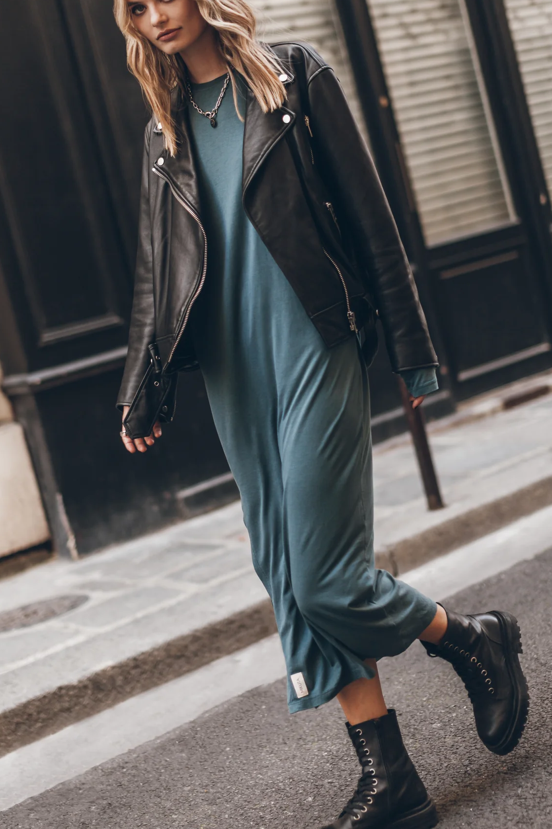 The Bedisse Cotton Blend Long Sleeve Relaxed Slit Midi Dress