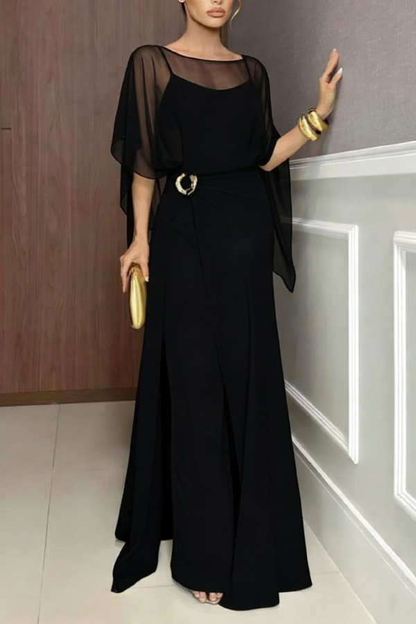 Vivian Chiffon Cape Top and  Metal Buckle Wrap Wide-Leg Pants Set
