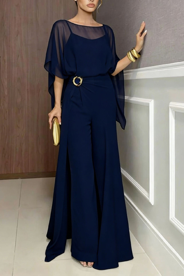 Vivian Chiffon Cape Top and  Metal Buckle Wrap Wide-Leg Pants Set