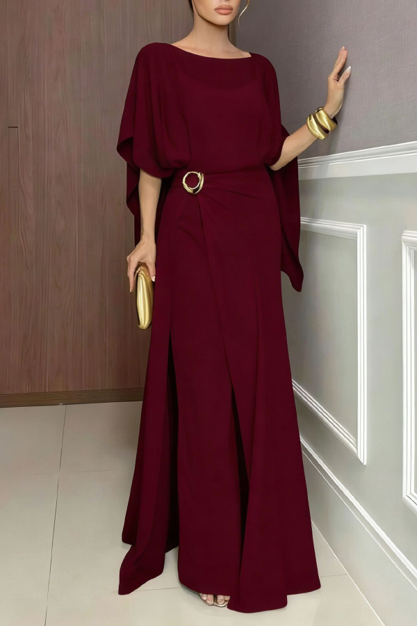 Vivian Chiffon Cape Top and  Metal Buckle Wrap Wide-Leg Pants Set