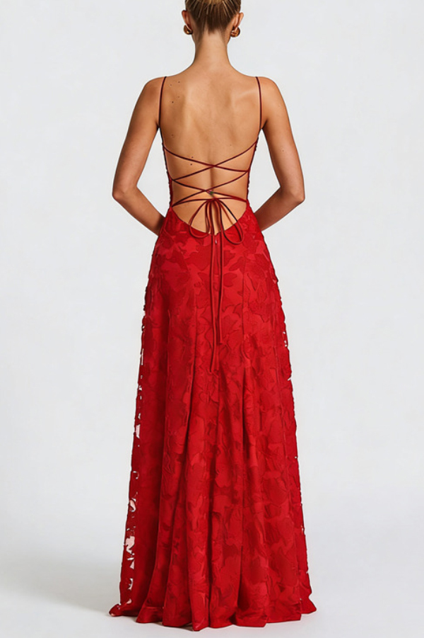 Francis Floral Burnout Jersey Fabric Cowl Neck Back Lace-up Maxi Dress