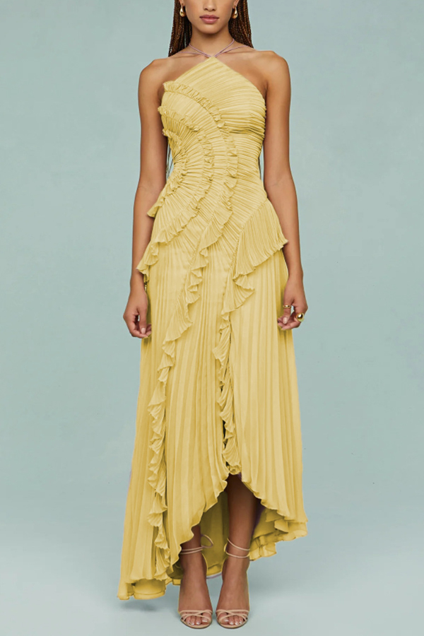 Dream Ode Lily Pad Style Pleats and Ruffles Halter Gown Maxi Dress