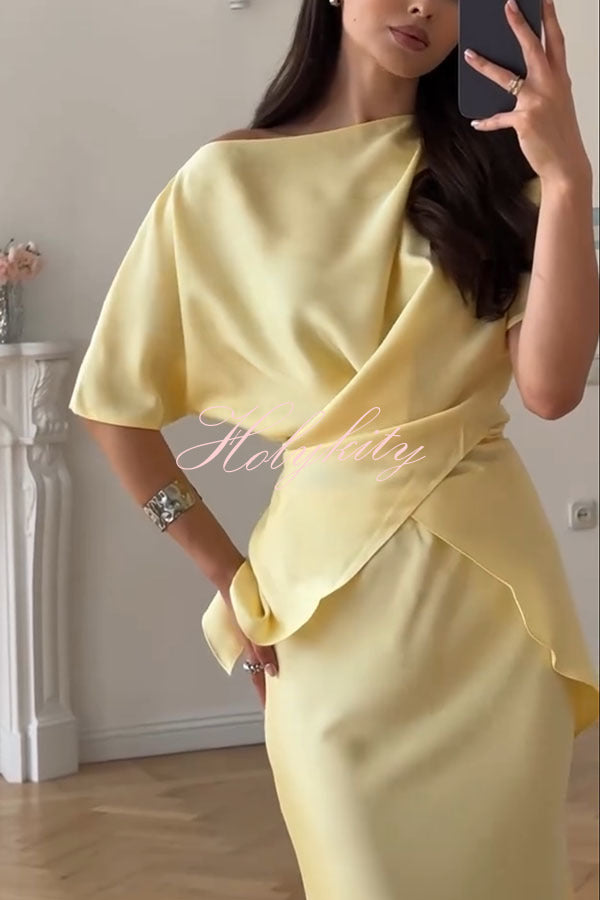 Secret of Elegance Satin Slit Back Lace-up Top and Elastic Waist Flare Maxi Skirt Set