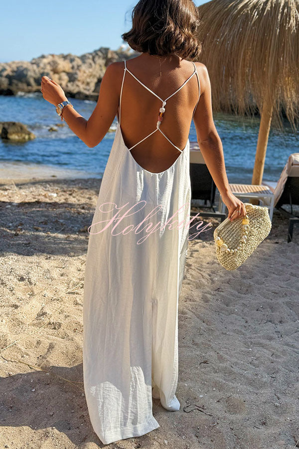 Sunny Beach Straps Unique Beaded Detail Backless Slit Maxi Dress