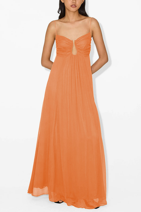 Soft and Elegant Metal Hollow Design Back Smocked A-line Slip Maxi Dress