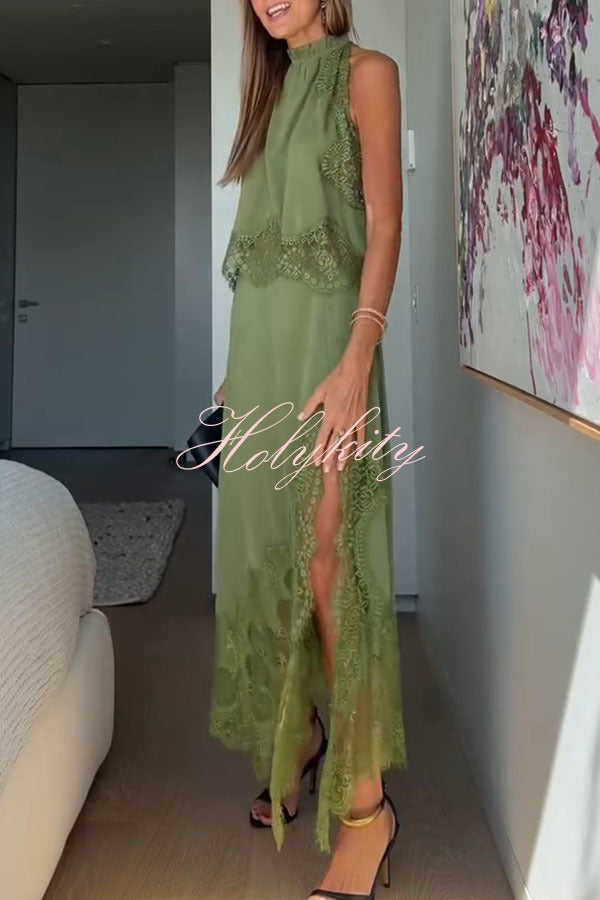 Modern Muse Satin Lace Trim Pleated Neck Top and A-line Irregular Slit Skirt Set