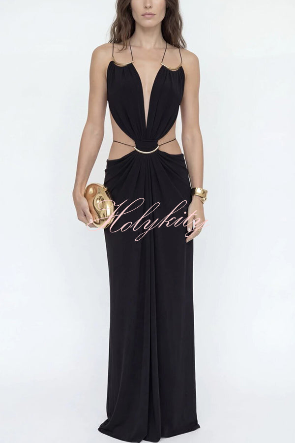 Athena Metal-Link Cutout Design Back Lace-up Drape Maxi Dress