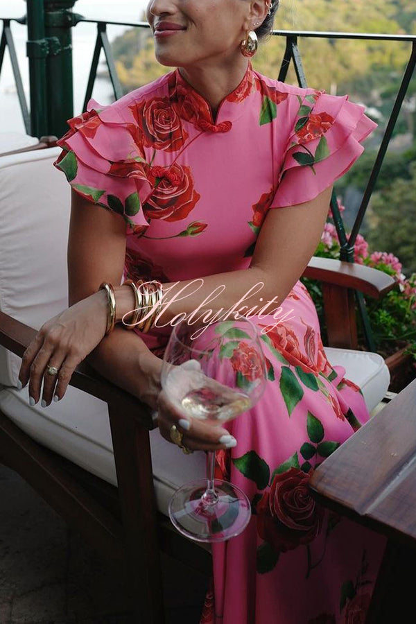 Cheongsam Style Rose Floral Print Tiered Flare Sleeve Stretch Maxi Dress